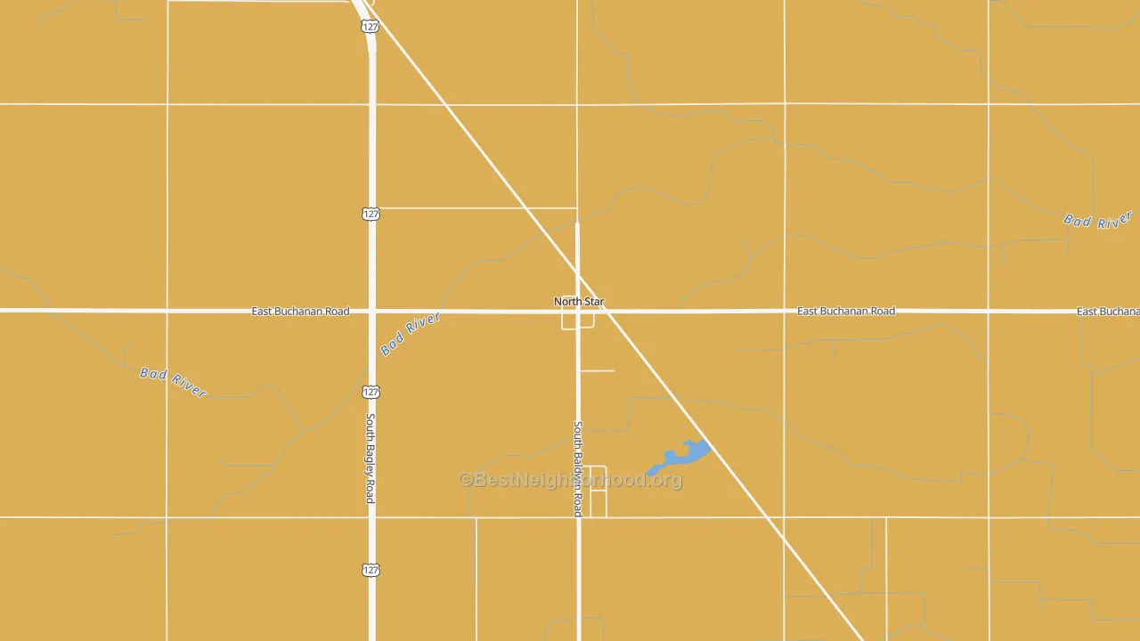 Map of the best neighborhoods in the 48862 area, with better matches in green and worse matches in red