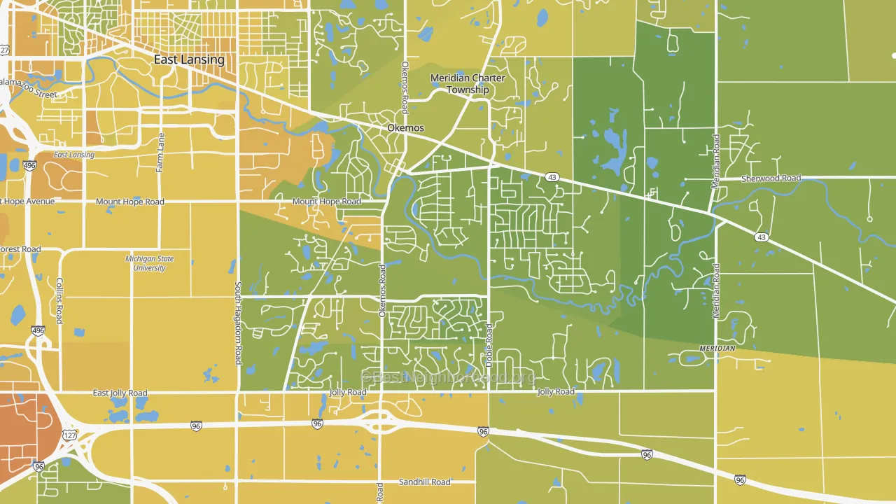 Map of the best neighborhoods in the 48864 area, with better matches in green and worse matches in red