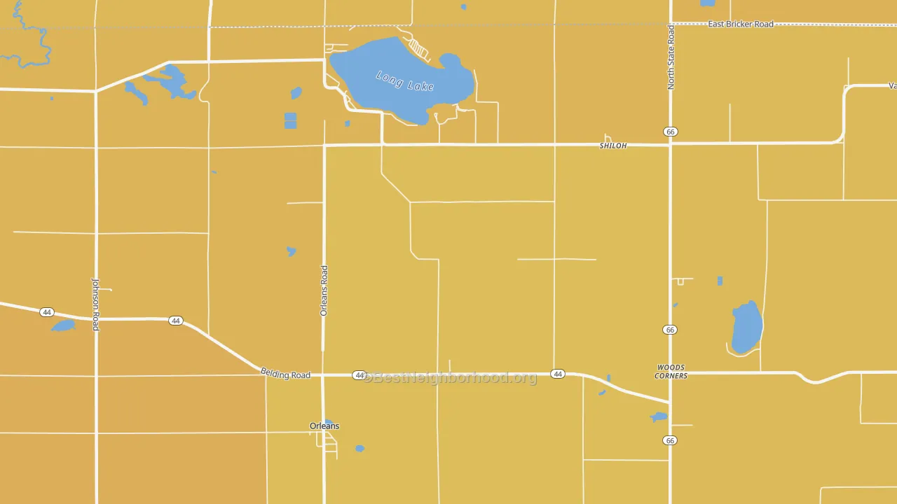 Map of the best neighborhoods in the 48865 area, with better matches in green and worse matches in red