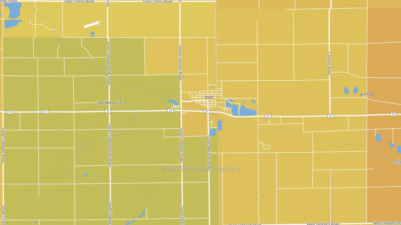 Map of the best neighborhoods in the 48866 area, with better matches in green and worse matches in red