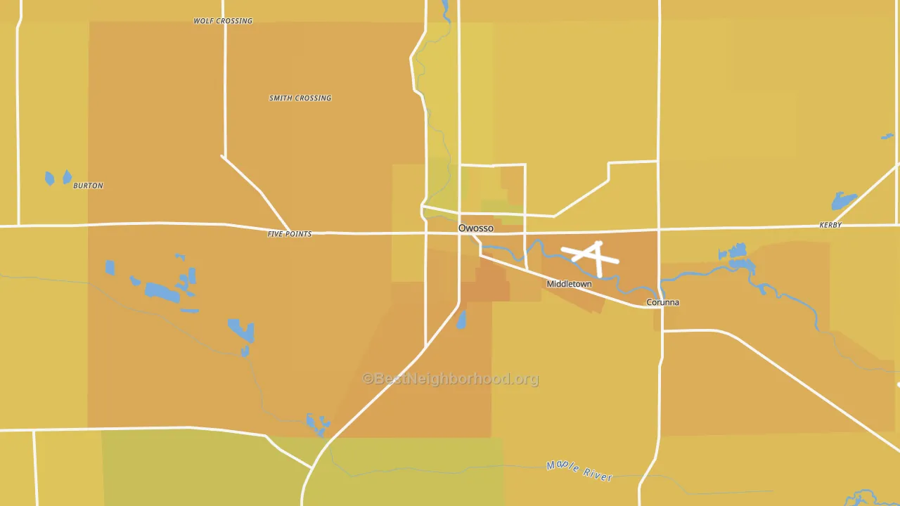 Map of the best neighborhoods in the 48867 area, with better matches in green and worse matches in red