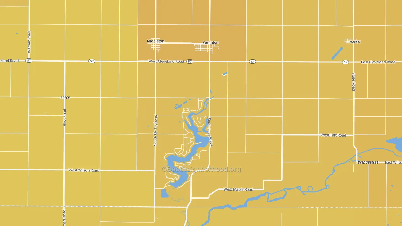 Map of the best neighborhoods in the 48871 area, with better matches in green and worse matches in red