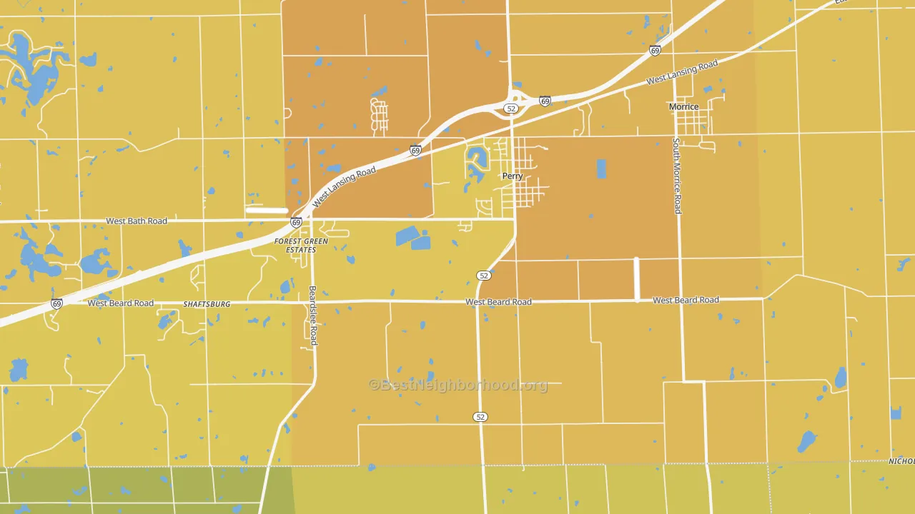Map of the best neighborhoods in the 48872 area, with better matches in green and worse matches in red