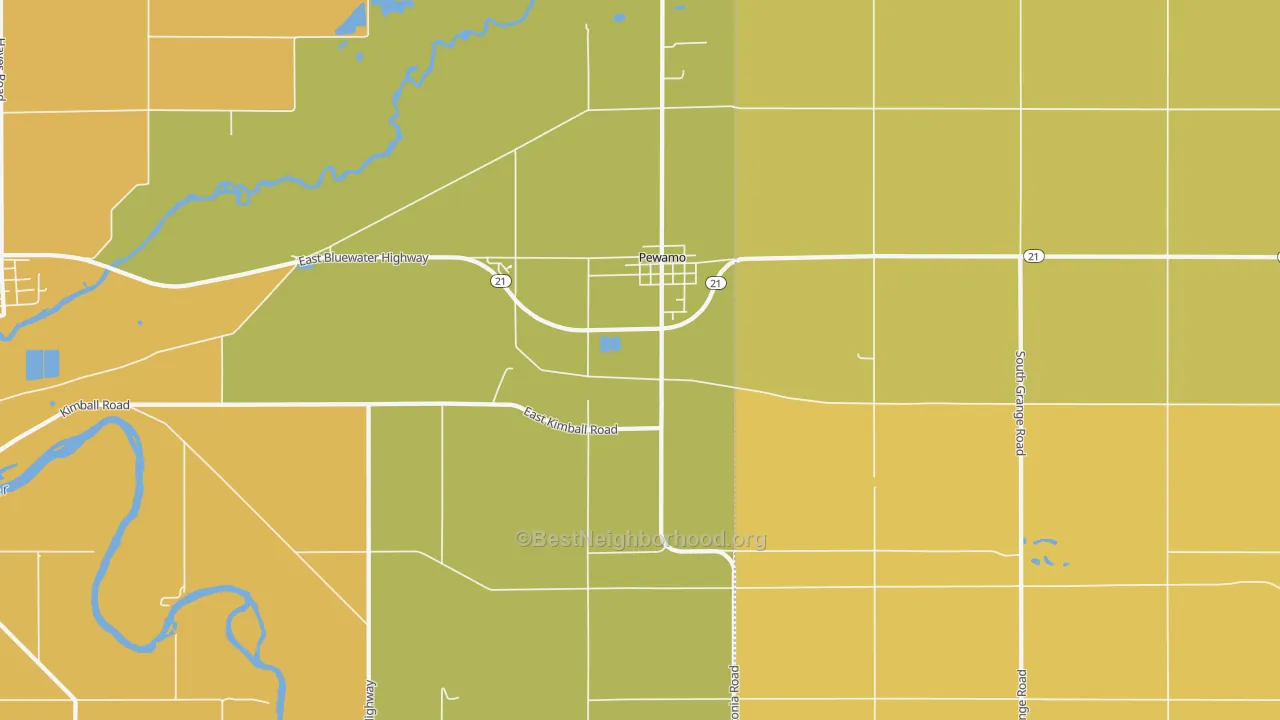 Map of the best neighborhoods in the 48873 area, with better matches in green and worse matches in red