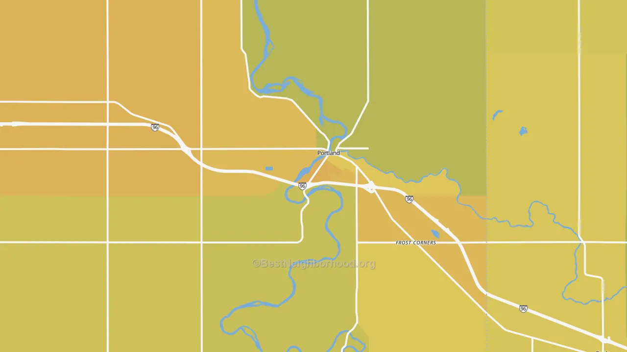 Map of the best neighborhoods in the 48875 area, with better matches in green and worse matches in red