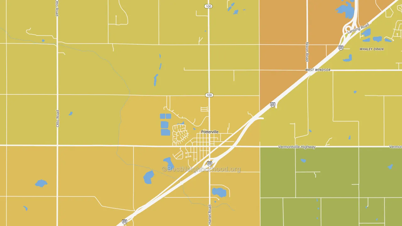 Map of the best neighborhoods in the 48876 area, with better matches in green and worse matches in red