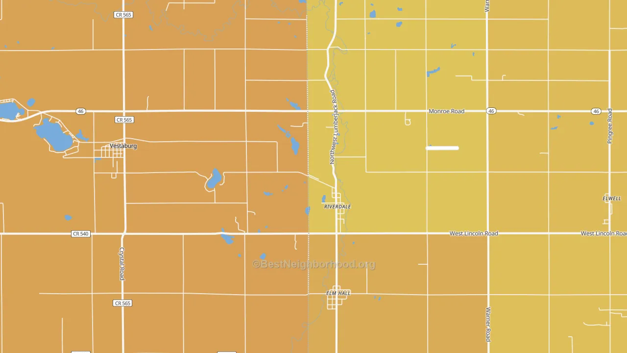 Map of the best neighborhoods in the 48877 area, with better matches in green and worse matches in red