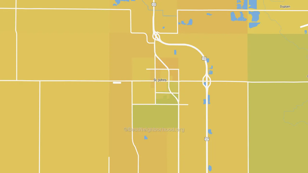 Map of the best neighborhoods in the 48879 area, with better matches in green and worse matches in red