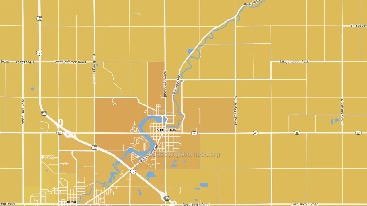 Map of the best neighborhoods in the 48880 area, with better matches in green and worse matches in red