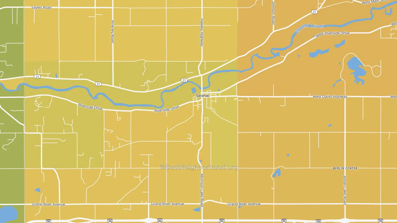 Map of the best neighborhoods in the 48881 area, with better matches in green and worse matches in red