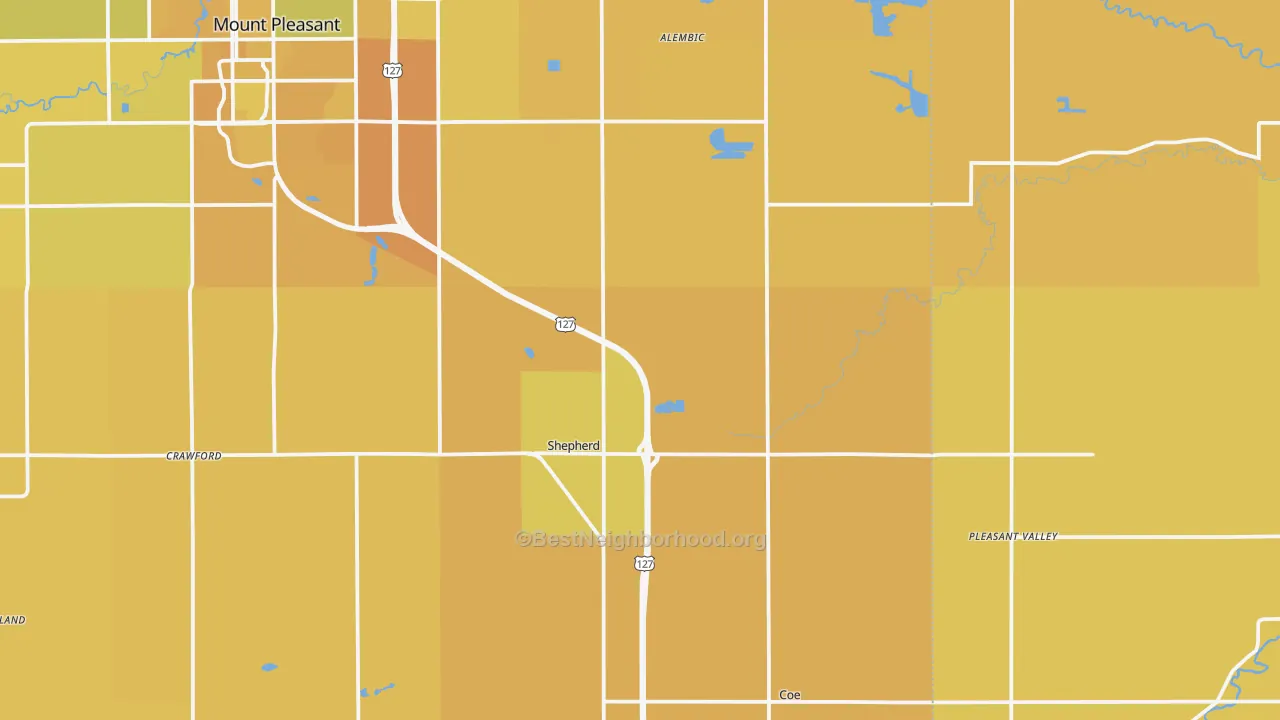 Map of the best neighborhoods in the 48883 area, with better matches in green and worse matches in red