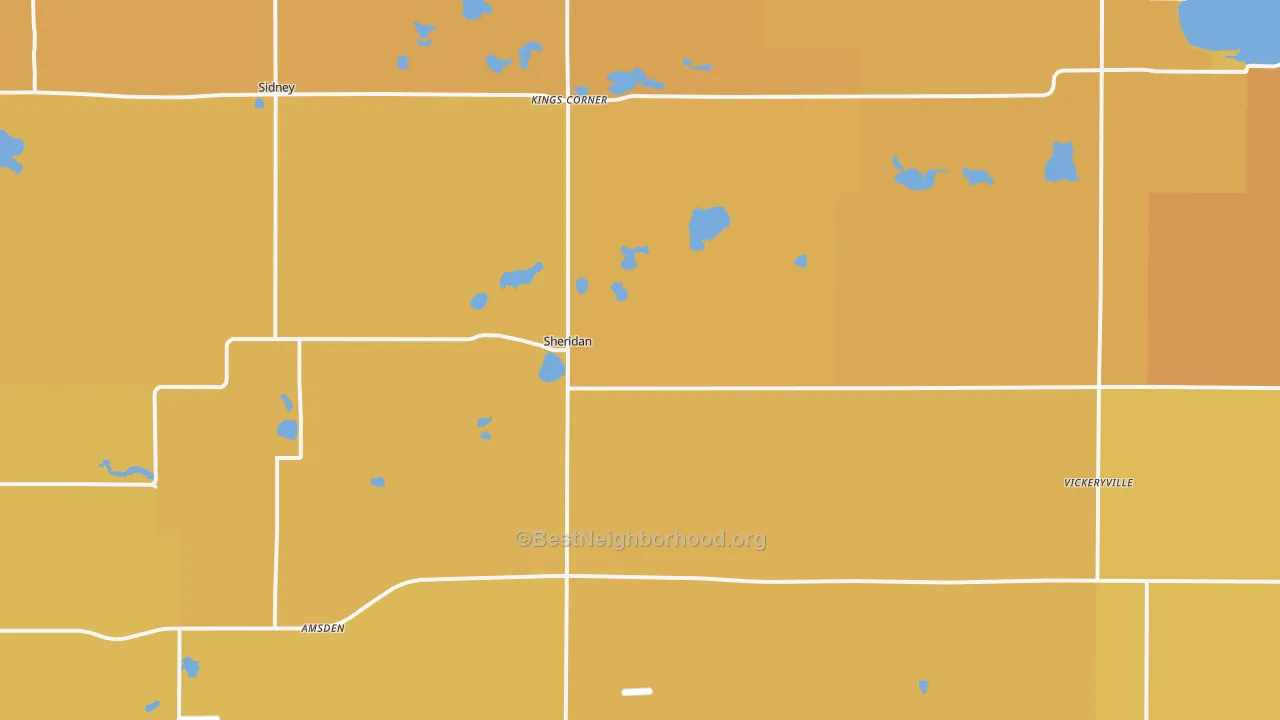 Map of the best neighborhoods in the 48884 area, with better matches in green and worse matches in red