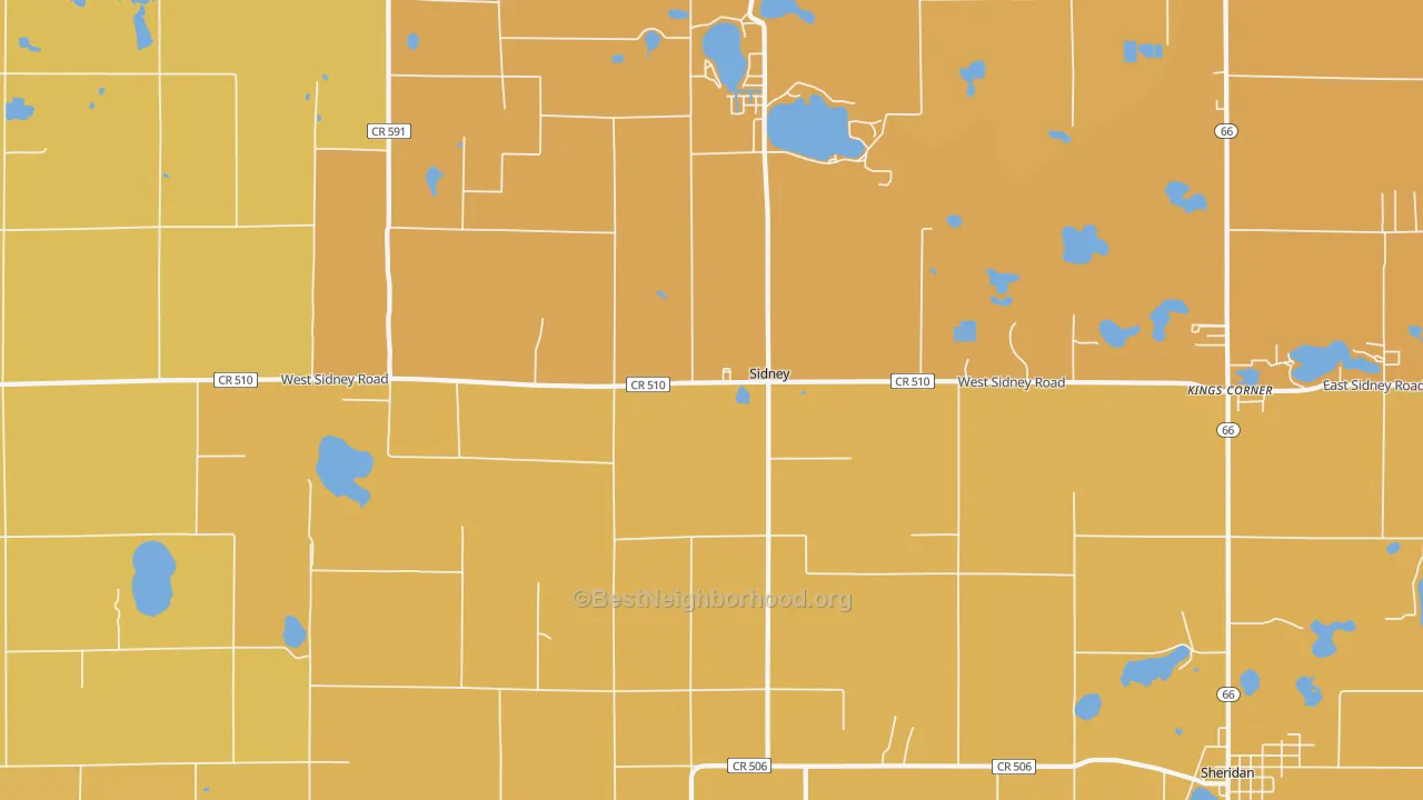 Map of the best neighborhoods in the 48885 area, with better matches in green and worse matches in red