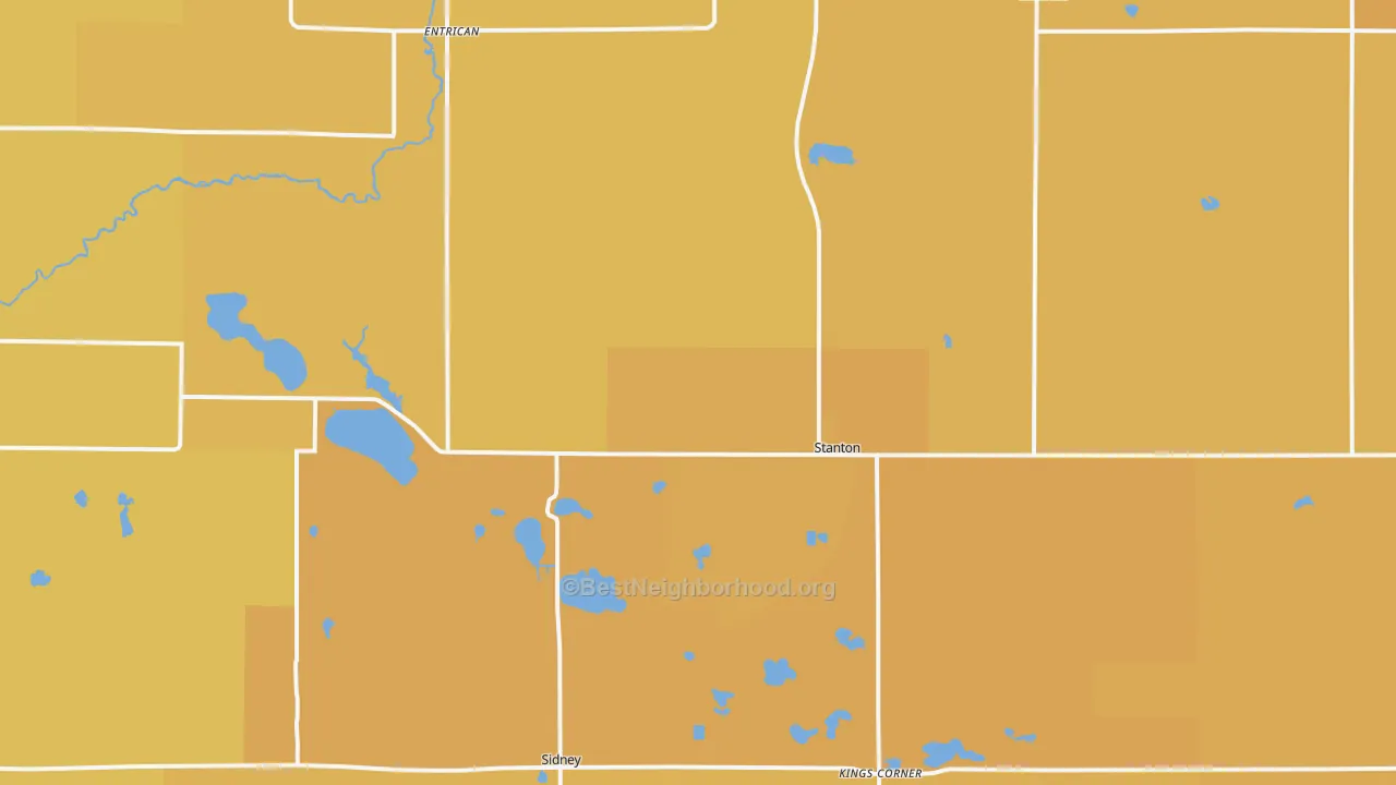 Map of the best neighborhoods in the 48888 area, with better matches in green and worse matches in red