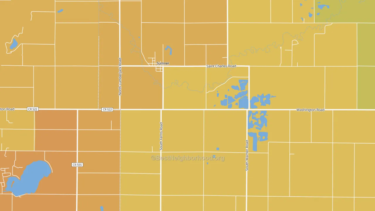Map of the best neighborhoods in the 48889 area, with better matches in green and worse matches in red