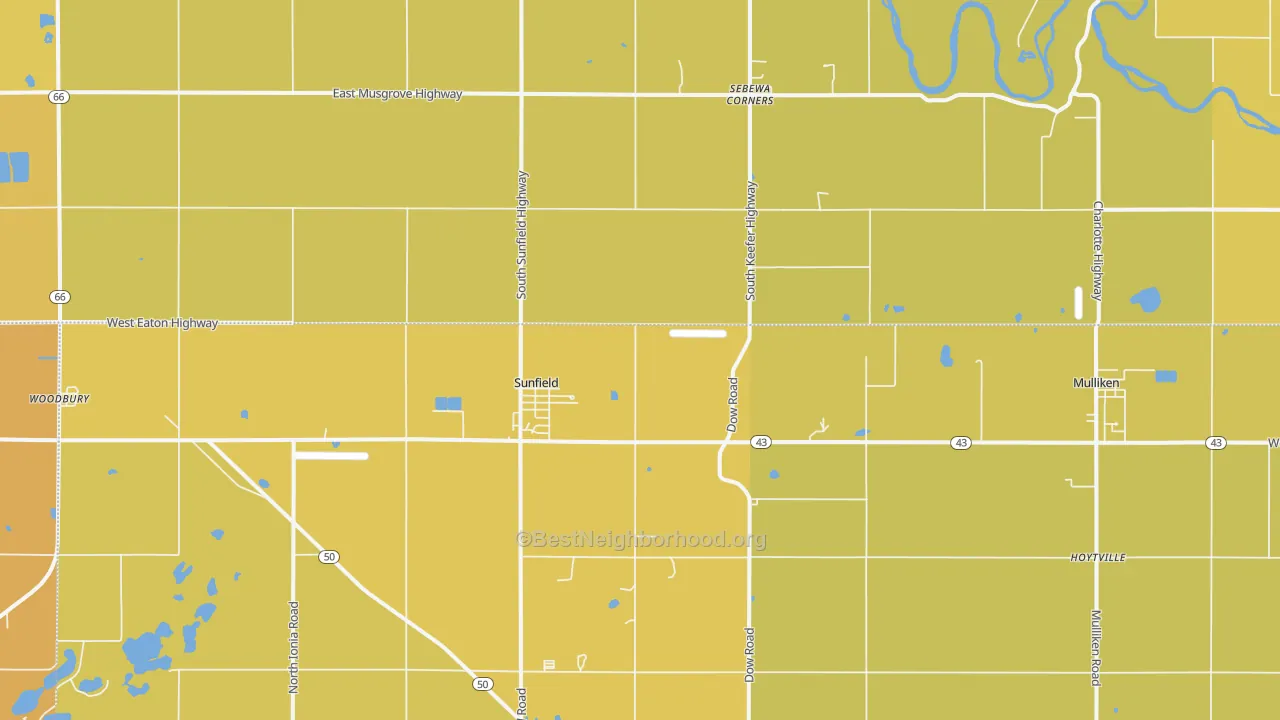 Map of the best neighborhoods in the 48890 area, with better matches in green and worse matches in red