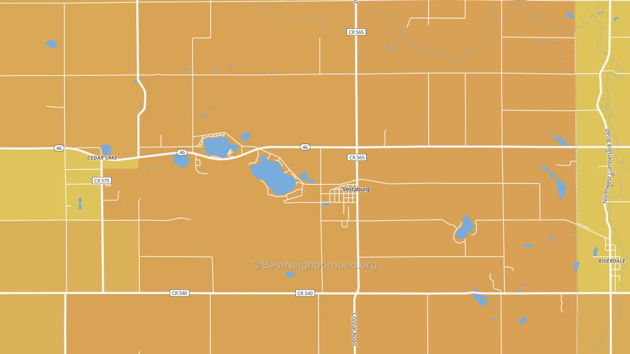 Map of the best neighborhoods in the 48891 area, with better matches in green and worse matches in red