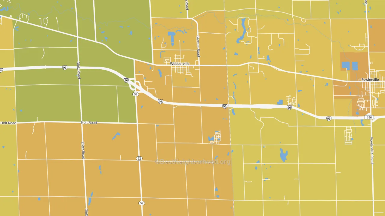 Map of the best neighborhoods in the 48892 area, with better matches in green and worse matches in red