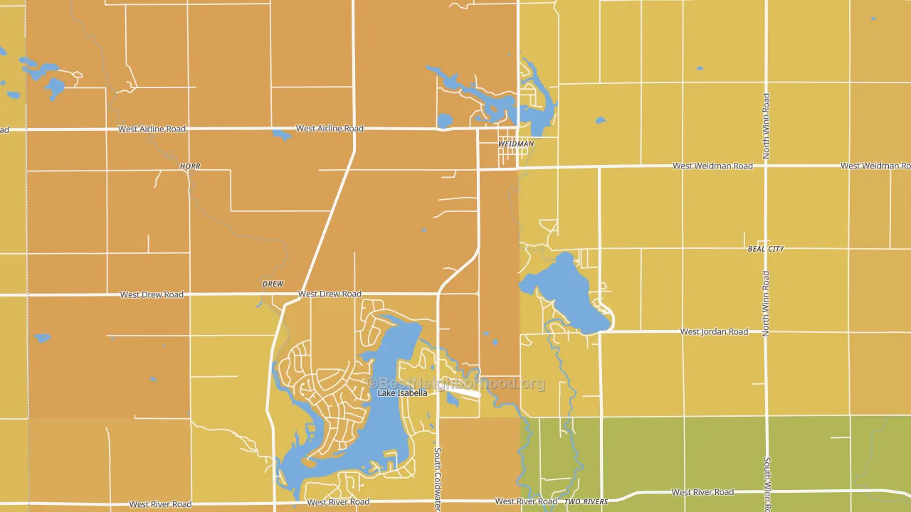 Map of the best neighborhoods in the 48893 area, with better matches in green and worse matches in red