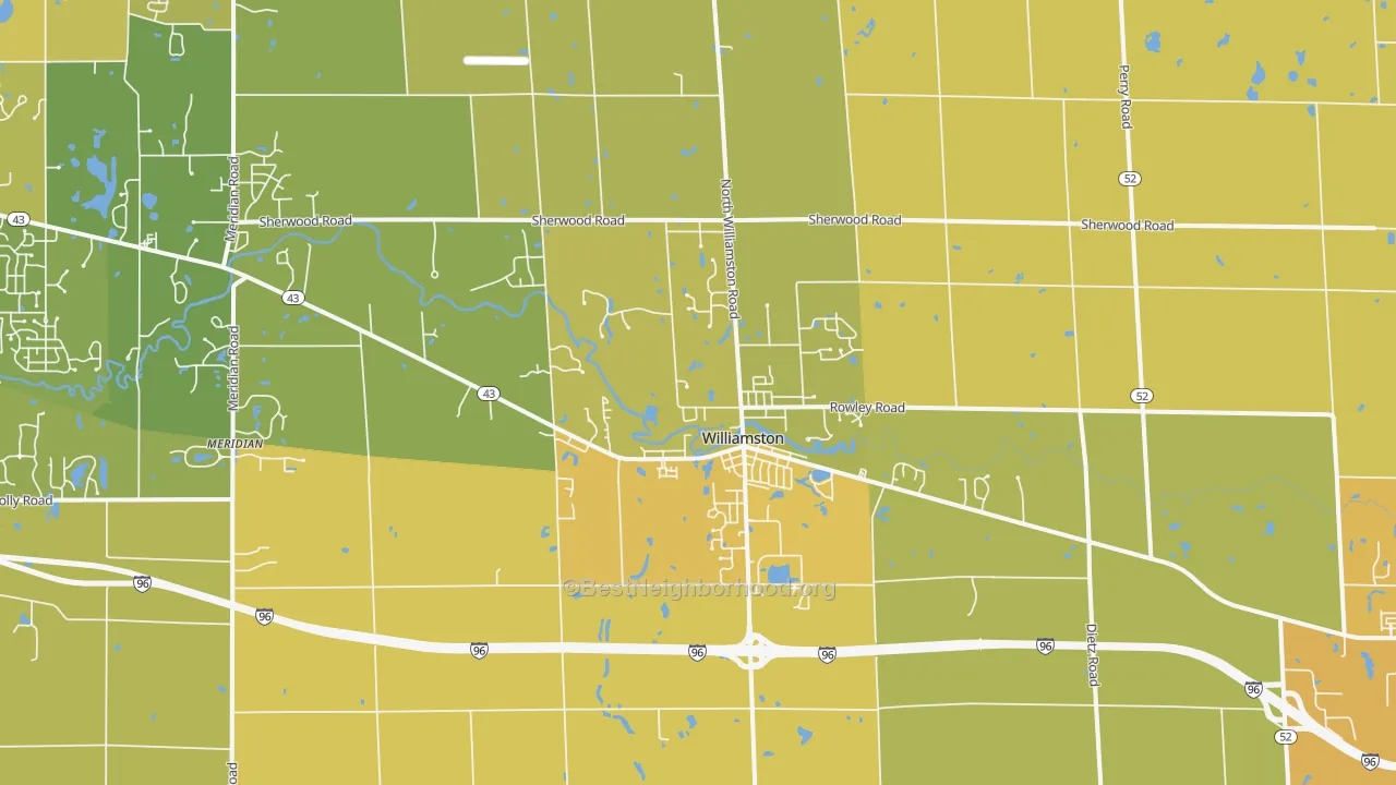 Map of the best neighborhoods in the 48895 area, with better matches in green and worse matches in red