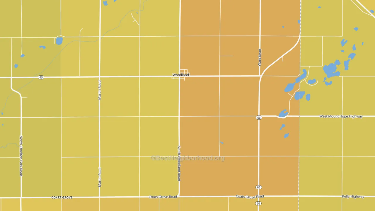 Map of the best neighborhoods in the 48897 area, with better matches in green and worse matches in red
