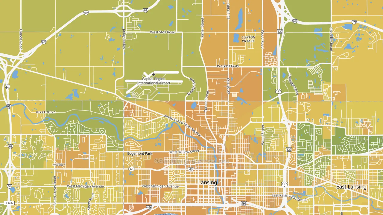Map of the best neighborhoods in the 48906 area, with better matches in green and worse matches in red