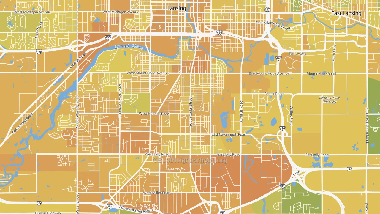 Map of the best neighborhoods in the 48910 area, with better matches in green and worse matches in red