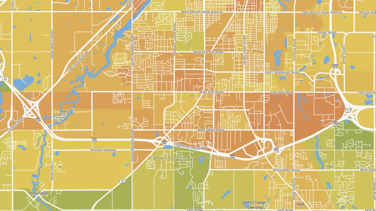 Map of the best neighborhoods in the 48911 area, with better matches in green and worse matches in red