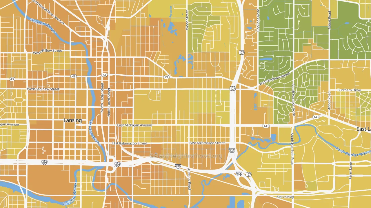Map of the best neighborhoods in the 48912 area, with better matches in green and worse matches in red