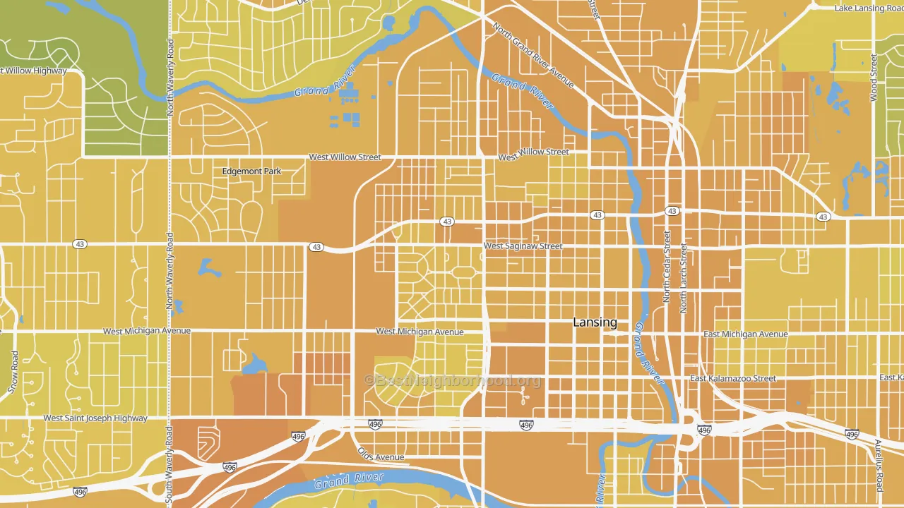 Map of the best neighborhoods in the 48915 area, with better matches in green and worse matches in red