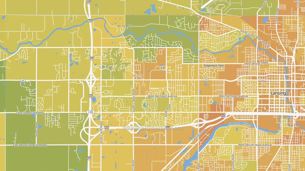 Map of the best neighborhoods in the 48917 area, with better matches in green and worse matches in red