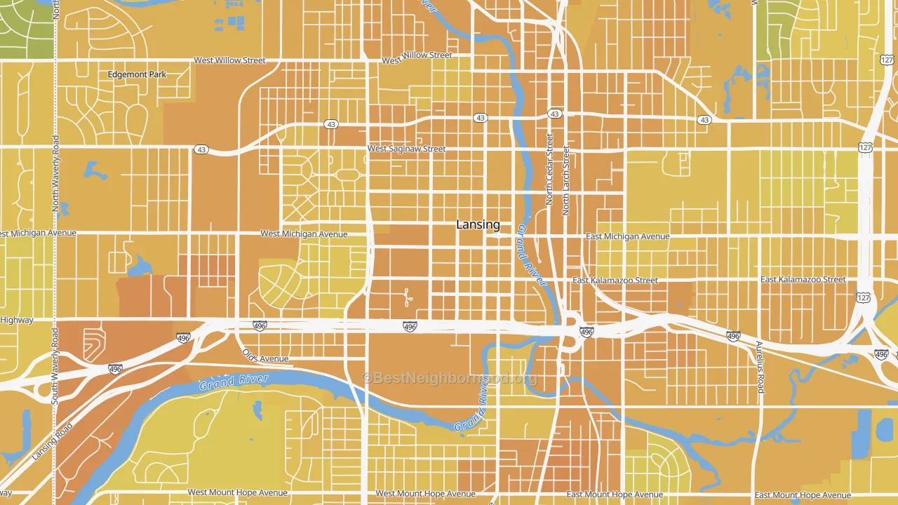 Map of the best neighborhoods in the 48933 area, with better matches in green and worse matches in red
