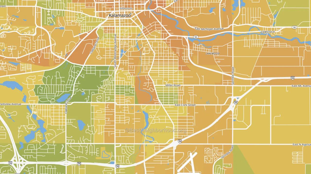 Map of the best neighborhoods in the 49001 area, with better matches in green and worse matches in red