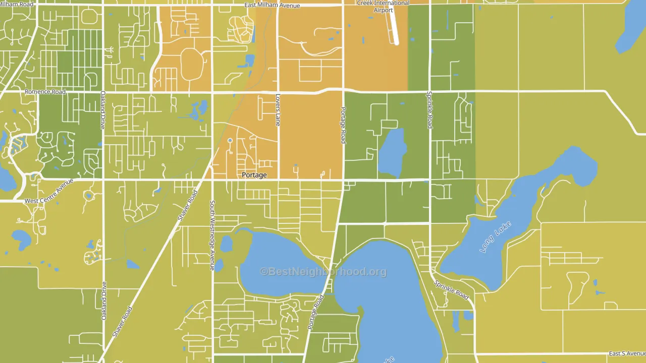 Map of the best neighborhoods in the 49002 area, with better matches in green and worse matches in red