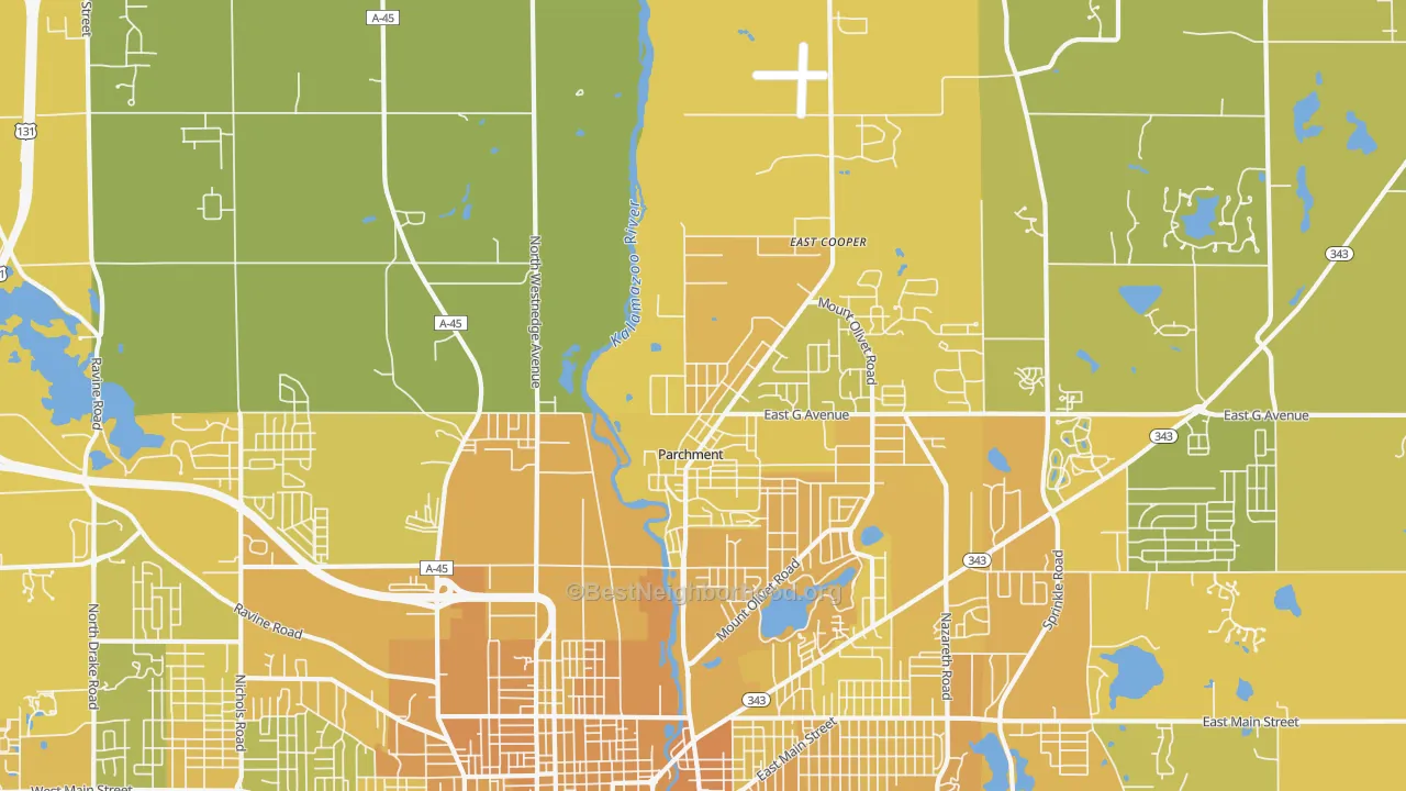 Map of the best neighborhoods in the 49004 area, with better matches in green and worse matches in red