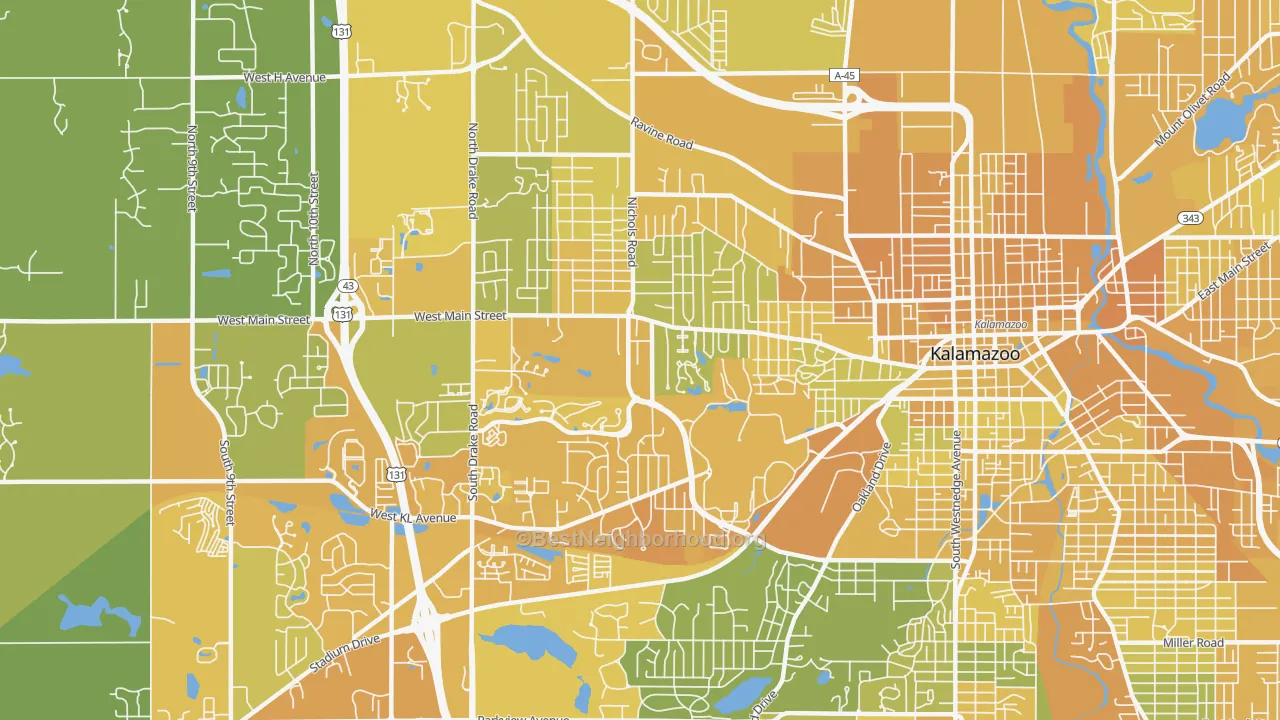 Map of the best neighborhoods in the 49006 area, with better matches in green and worse matches in red