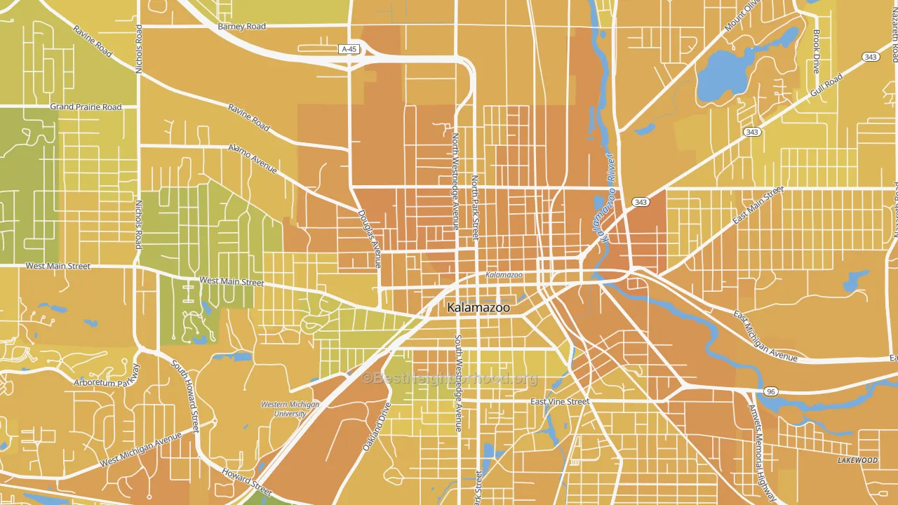 Map of the best neighborhoods in the 49007 area, with better matches in green and worse matches in red