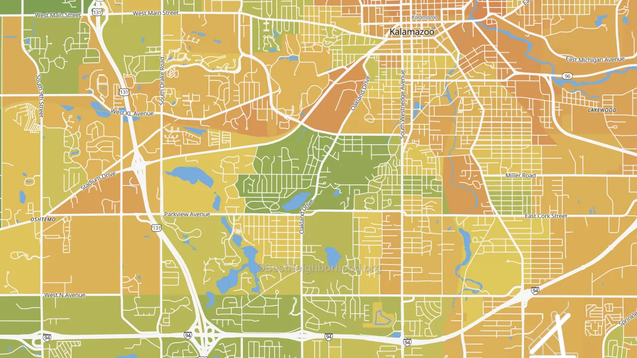 Map of the best neighborhoods in the 49008 area, with better matches in green and worse matches in red