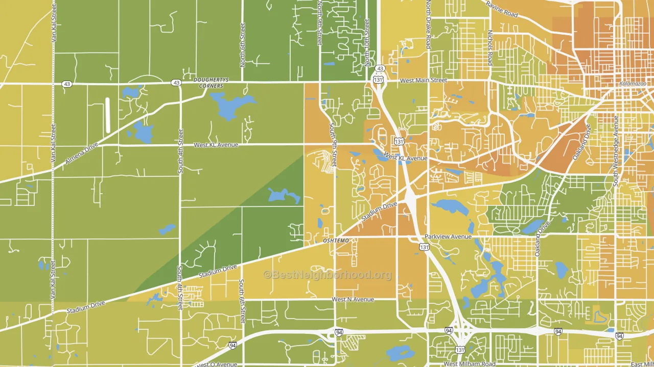 Map of the best neighborhoods in the 49009 area, with better matches in green and worse matches in red