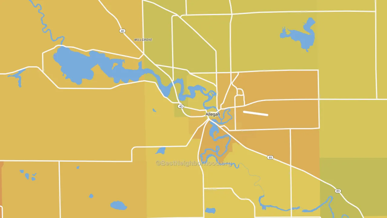 Map of the best neighborhoods in the 49010 area, with better matches in green and worse matches in red