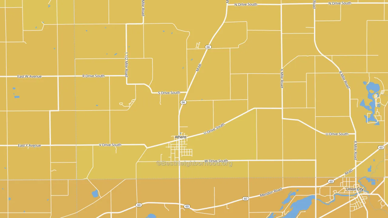 Map of the best neighborhoods in the 49011 area, with better matches in green and worse matches in red