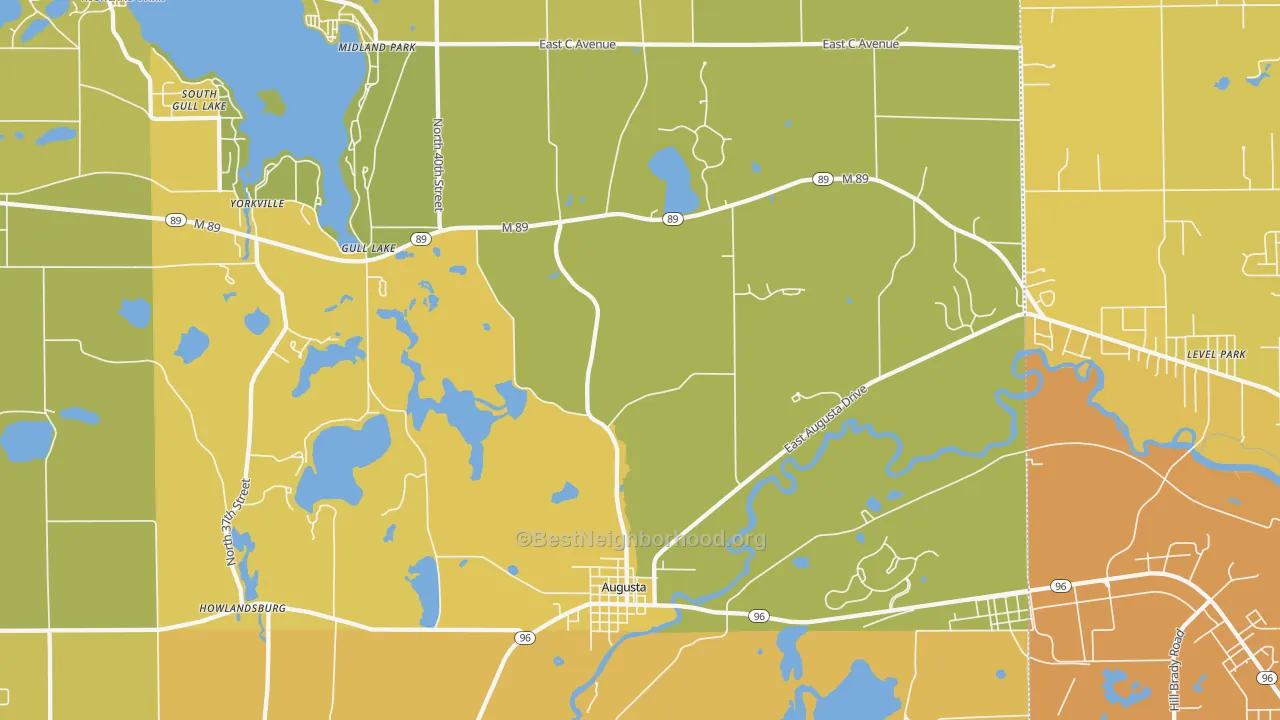 Map of the best neighborhoods in the 49012 area, with better matches in green and worse matches in red