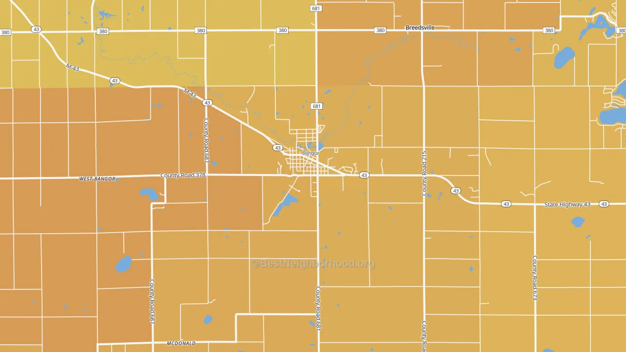 Map of the best neighborhoods in the 49013 area, with better matches in green and worse matches in red