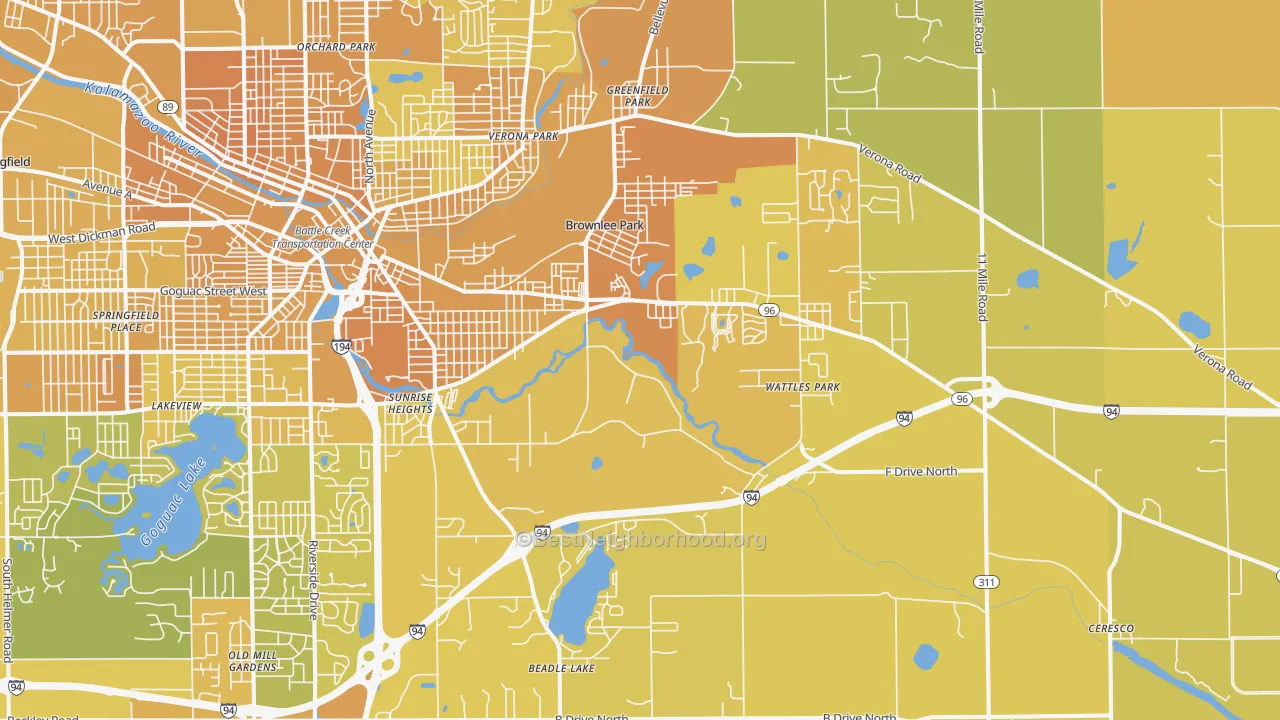 Map of the best neighborhoods in the 49014 area, with better matches in green and worse matches in red