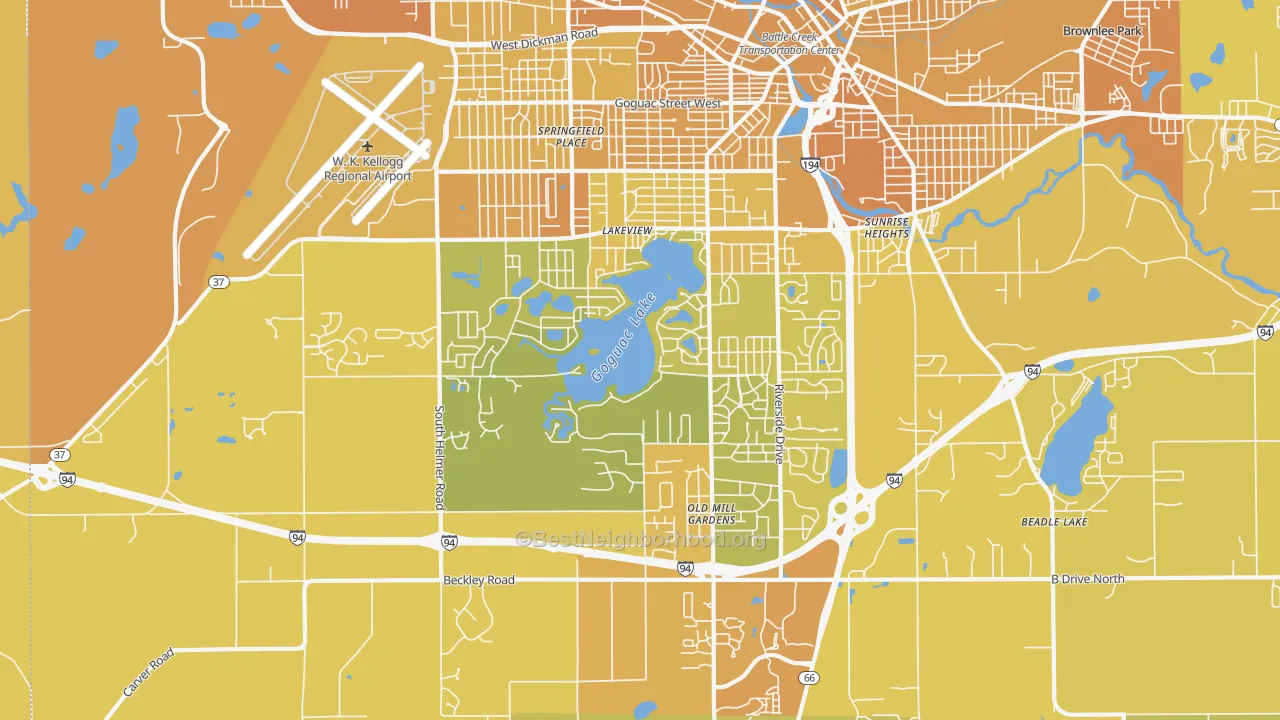 Map of the best neighborhoods in the 49015 area, with better matches in green and worse matches in red