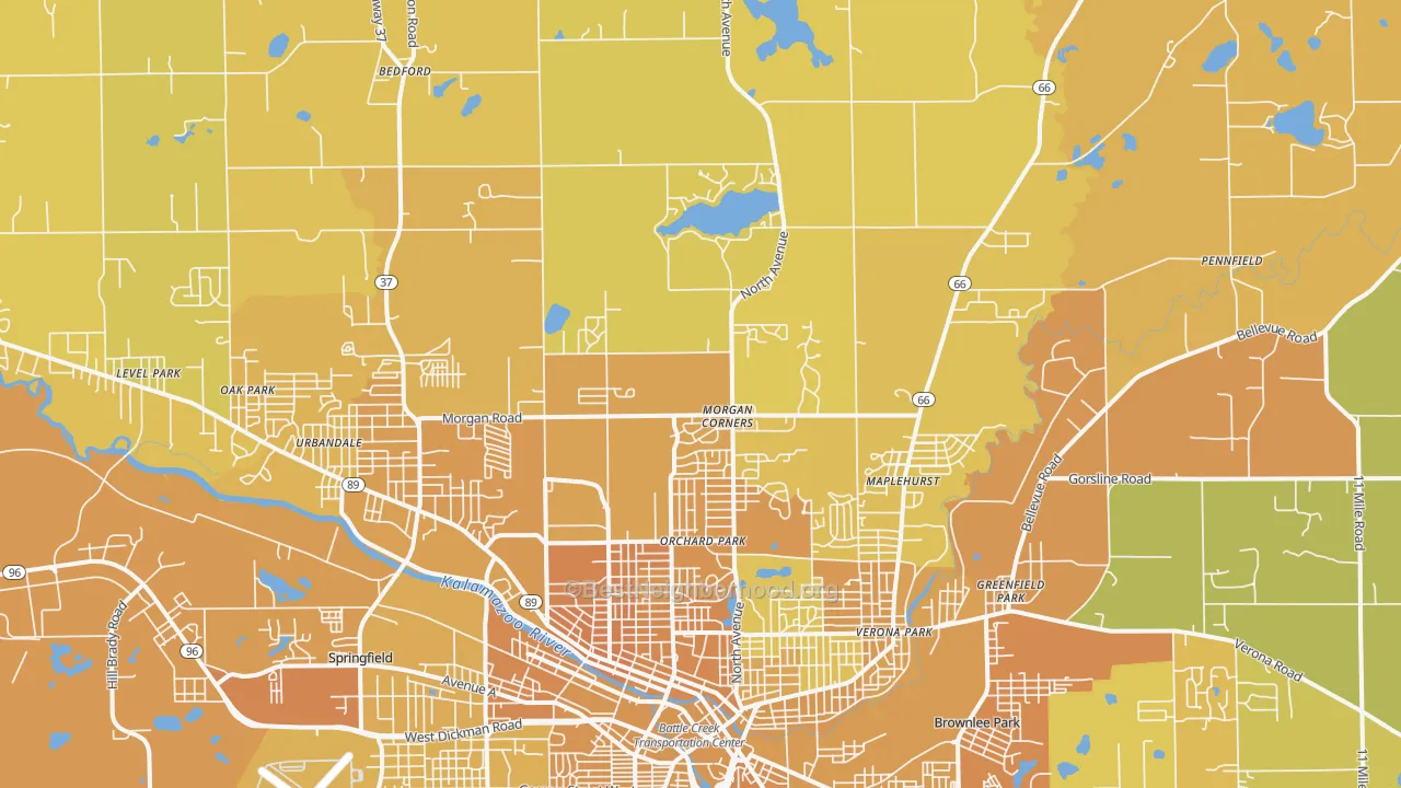 Map of the best neighborhoods in the 49017 area, with better matches in green and worse matches in red