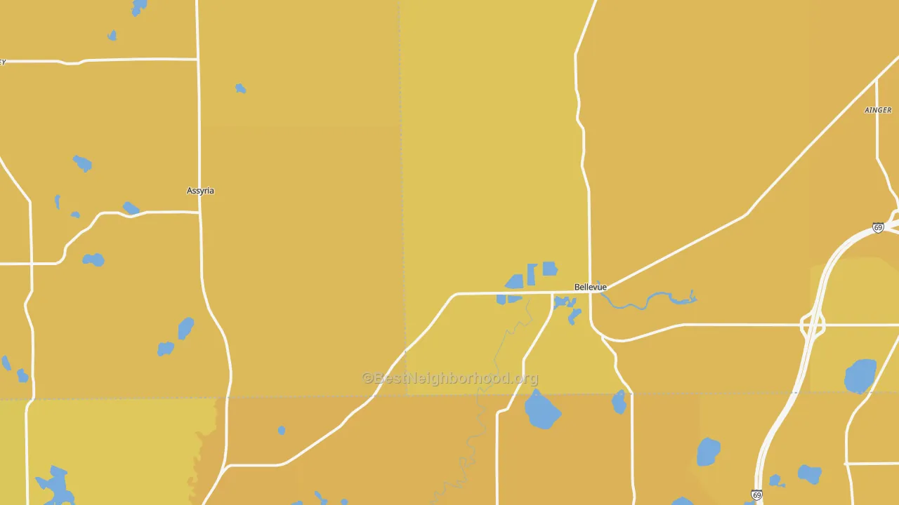 Map of the best neighborhoods in the 49021 area, with better matches in green and worse matches in red