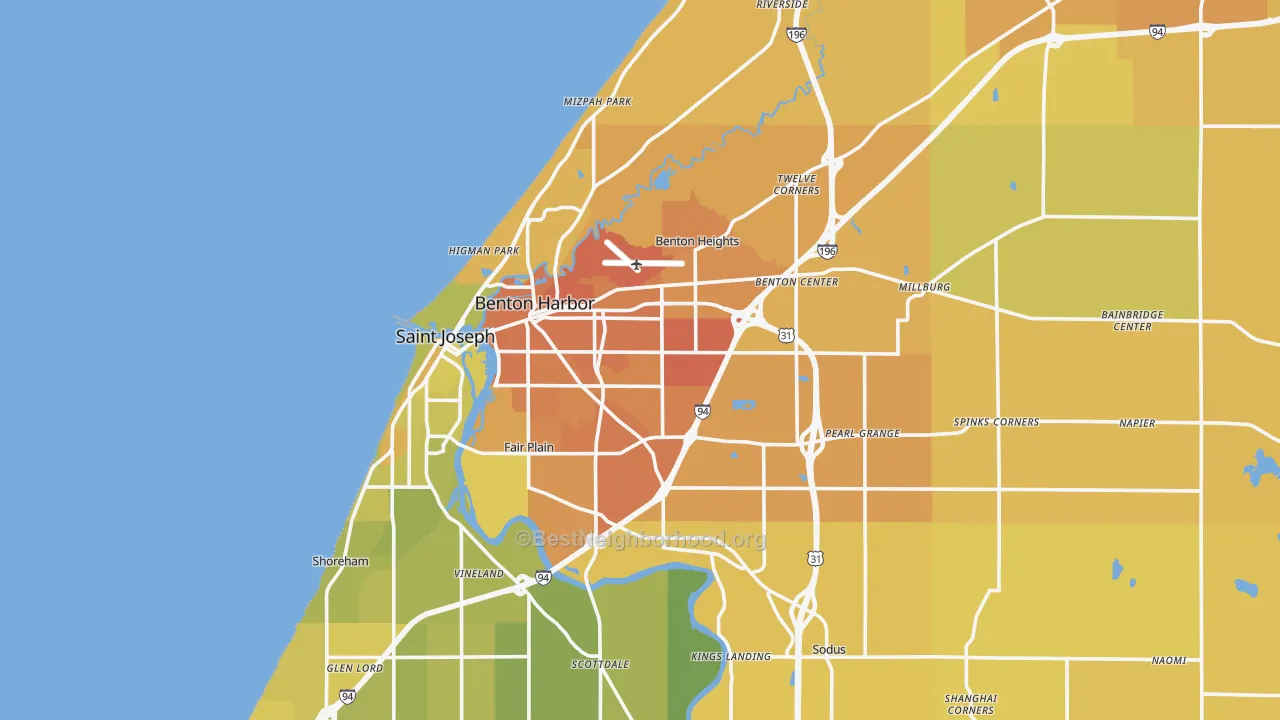 Map of the best neighborhoods in the 49022 area, with better matches in green and worse matches in red