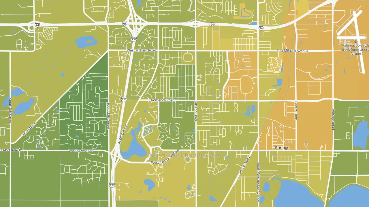 Map of the best neighborhoods in the 49024 area, with better matches in green and worse matches in red