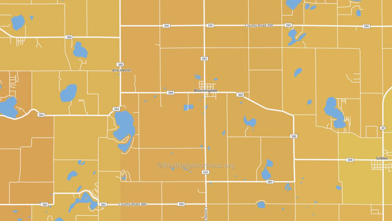 Map of the best neighborhoods in the 49026 area, with better matches in green and worse matches in red